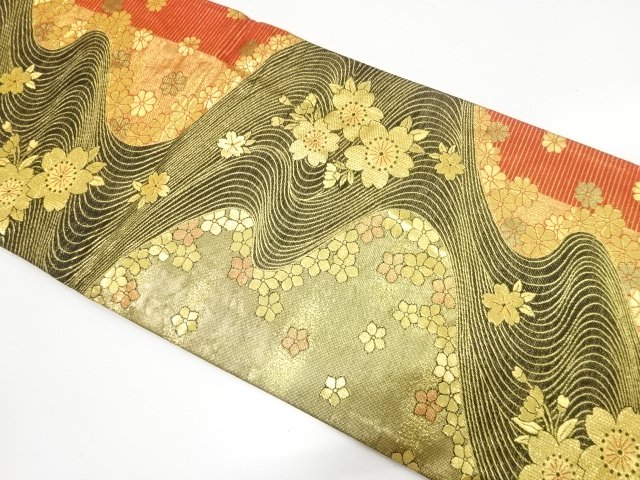 JAPANESE KIMONO / FUKURO OBI FOR FURISODE / ZENTSU / WOVEN STREAM WATER & SAKURA
